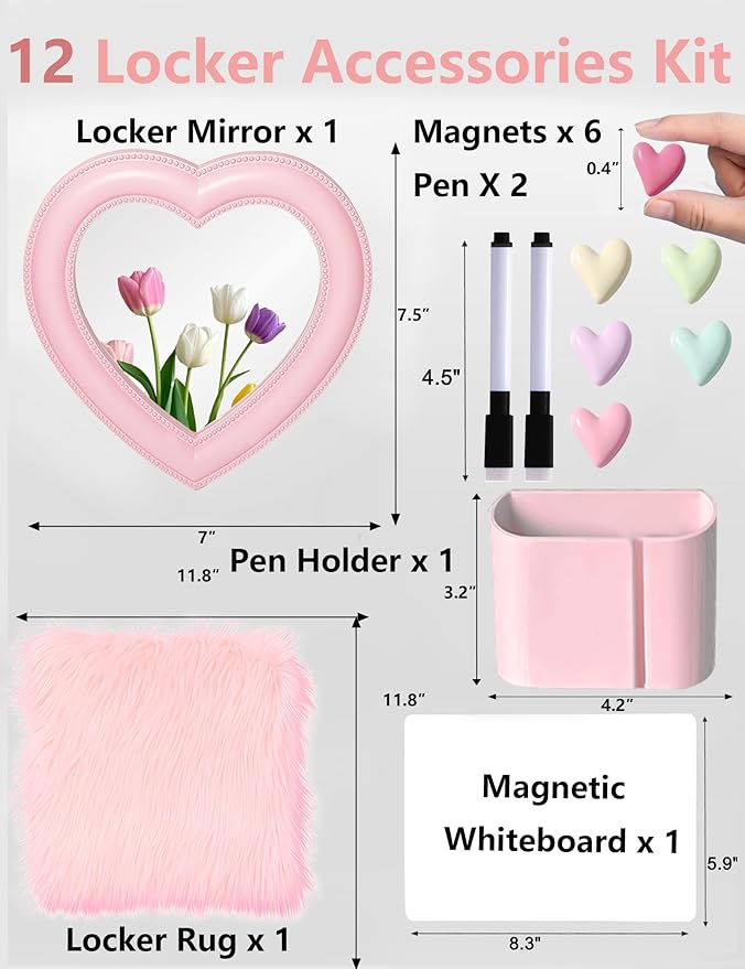 Pink Locker Accessories Kit for Girls with Haert Locker Mirror, Pen Holder, Magnetic Whiteboard, Rug, Magnets, 12 Piece Locker Organizer & Decorations for School Work Locker, Back to School Essentials