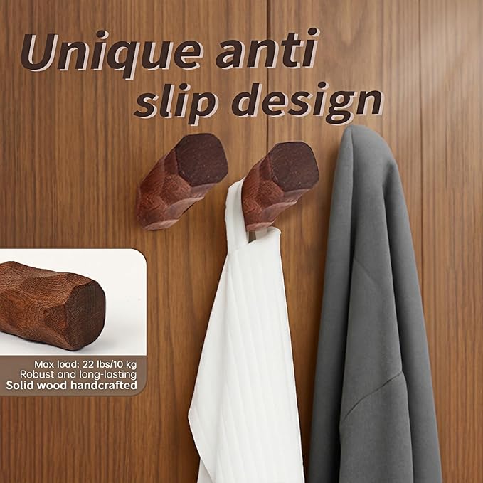 Solid Wood Wall Hooks 4 Pack - Non-Slip Rhombus Screw-Mounted Hangers, Heavy Duty Multi-Use Decorative hat Hooks for Bathroom, Kitchen, Entryway (Fits Various Wall Surfaces) (Black Walnut)