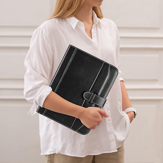 IVESIGN Leather Portfolio Notebook with Folder,Storage Clipboard with Cover for Legal Pad Holder Letter Size A4 Writing Pad for Business School Office Resume Conference Notepad Clip Boards(Black)