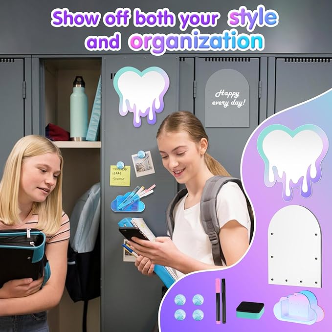 MoKo Locker Accessories Set, 5 in 1 Back to School Supplies College Essentials Includes Magnetic Acrylic Board, Locker Mirror, Markers Holder, Marker Pens and Locker Magnets, Heart Shape