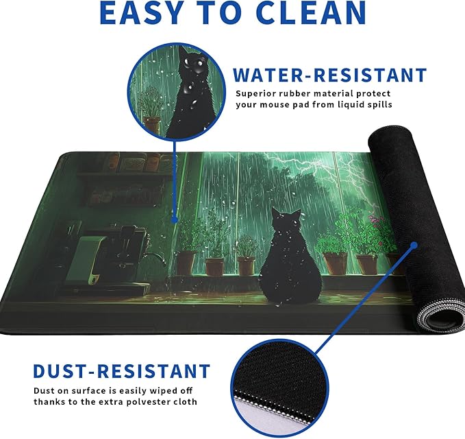 Green Black Cat Mouse Pad Abstract Big Mouse Pad 31.5x11.8 Inch Cat Texture Non-Slip Rubber Base Large Mousepad Stitched Edges Keyboard Mouse Mat Desk Pad for Office and Home