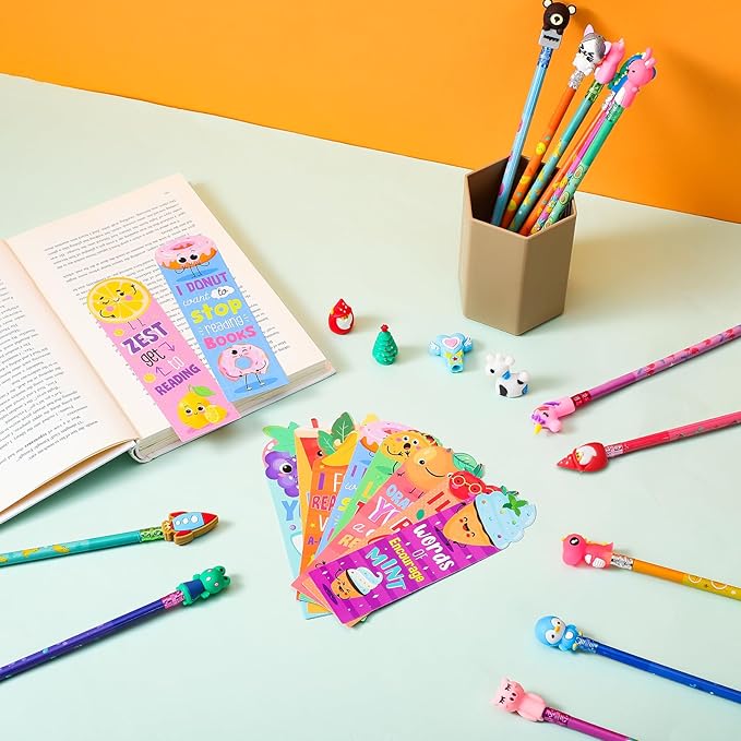 Teling 80 Pcs Scented Bookmarks and Smelly Pencils with Cute Toppers Set Fun Pencils Fruit Food Theme Scratch and Sniff Bookmarks Cartoon Pen Toppers for Kids Students Supplies(Cute Style)