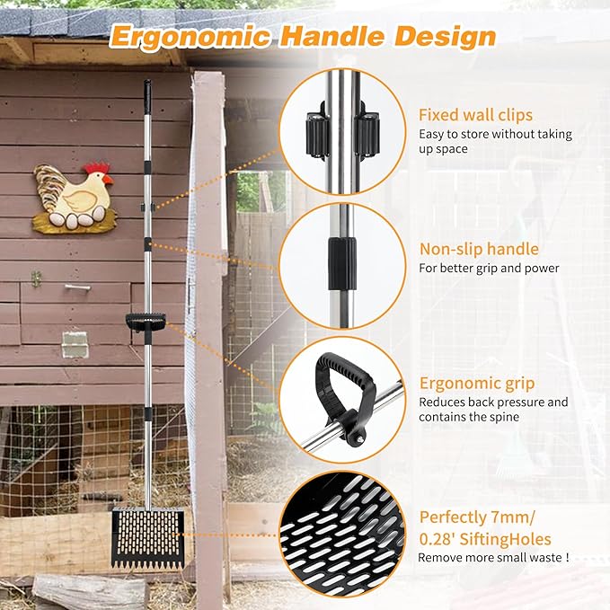 Rypet Chicken Poop Scooper & Rake 2-in-1 with Grip, 10 inches Metal Chicken Coop Scooper with Adjustable Stainless Steel Handle (36" to 74"), Sand Sifting Litter Shovel for Chicken Coops Farm Animal