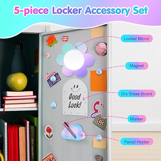 MoKo Locker Accessories Set, 5 in 1 Back to School Supplies College Essentials Includes Magnetic Acrylic Board, Locker Mirror, Markers Holder, Marker Pens and Locker Magnets, Flower