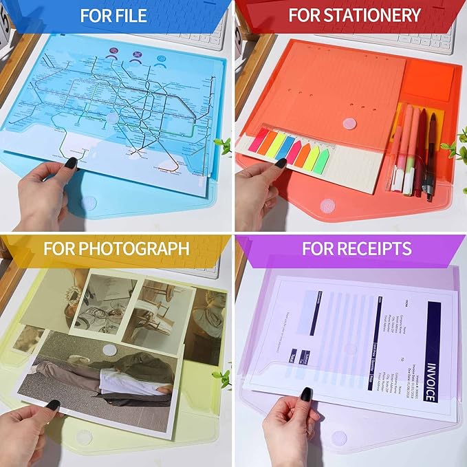 LEOBRO Plastic File Folders for Documents, 6 PCS Plastic Envelopes, Reusable Clear File Folders File Bags Document Holder, A4 Size