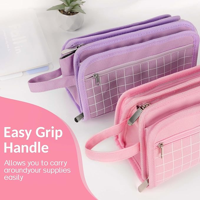 Sooez Large Pencil Case, Big Capacity Pencil Pouch Pen Bag with 3 Compartment, Portable Canvas Stationery Organizer with Zipper, Cute Aesthetic School Supplies for Teen Girls College, Black with Plaid