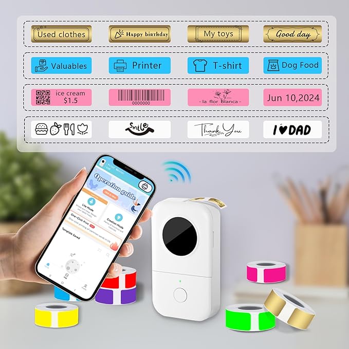 Thermal Label Tape 0.55"x1.57"(14x40mm) 12 Rolls,1920Pcs,Waterproof,Oil-Proof,Strong Adhesive Thermal Labels,Compatible with D30 Portable Thermal Printer,for Home,Office,Storage,10 Colors.