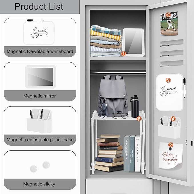Locker Organizer Accessories Decorating Kit, Metal Mesh Locker Shelf, Magnetic Pen Holder,Mirror,Whiteboard, Markers, Magnets,Suitable for School,Work,Office,Gym (1pack-White)