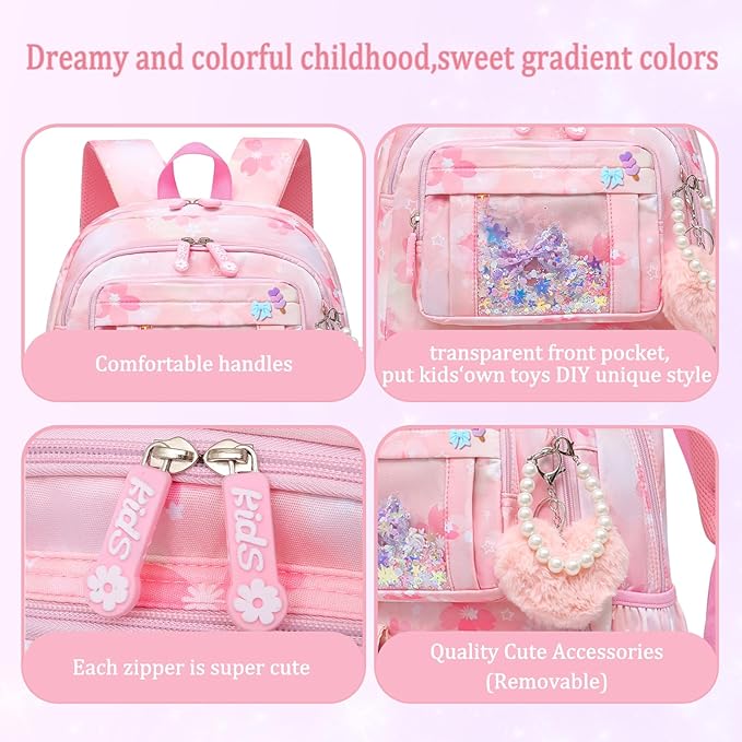 Lovely Girls Backpack School Bag for Students Kids Book Bag with Multiple Pockets Splash-proof Children's Backpack(17inch Set Pink)