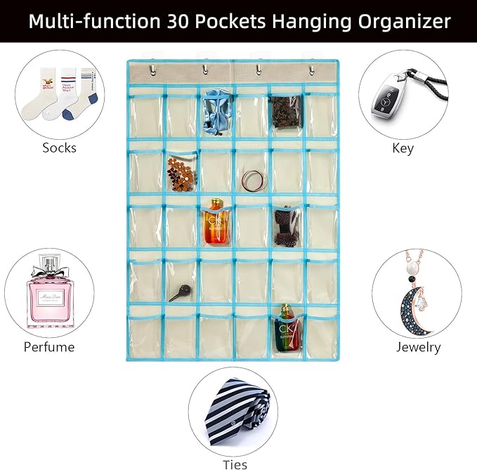 KEEPJOY Classroom Pocket Charts for Cell Phone Calculator Holders, Pocket Organizer for Cell phone Jail with 30 Clear Pockets chart Size 33.5 x 24.5 Inch Classroom Pocket Storage (Beige-30pockets)