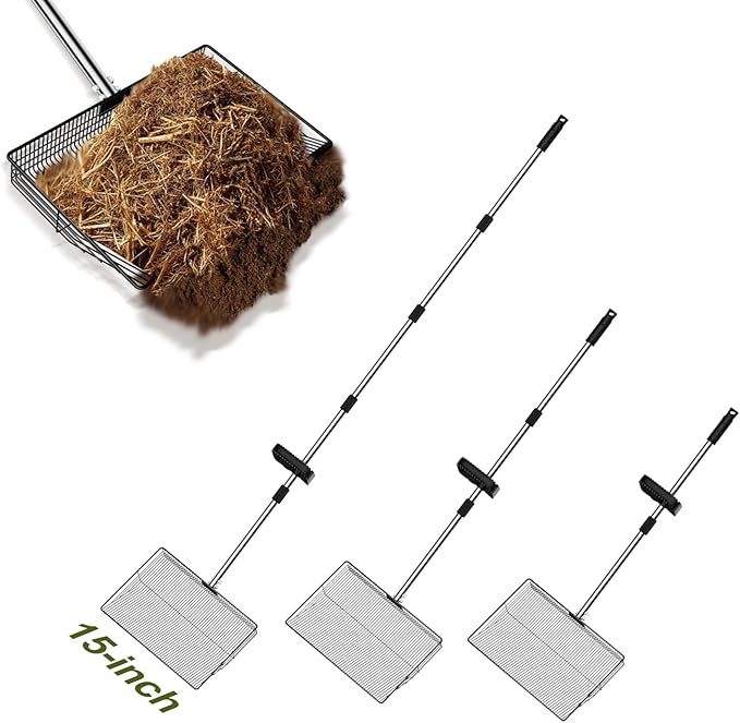 Chicken Coop Scoop, Chicken Scooper for Poop and Poop Rake, 15" Extra Large Poop Shovel with 24-68" Stainless Handle, Heavy Duty Chicken Coop Cleaning Tools for Sifting Litter in Coops