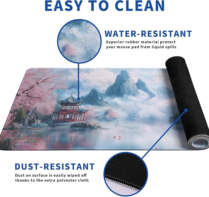 Cherry Blossom Watercolor Mouse Pad Abstract Big Mouse Pad 31.5x11.8 Inch Landscape Texture Non-Slip Rubber Base Large Mousepad Stitched Edges Keyboard Mouse Mat Desk Pad for Office and Home