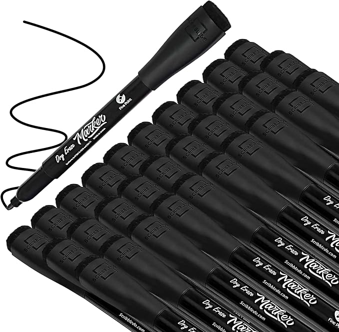 Scribbledo 36 Pack Dry Erase Markers Black Fine Tip Whiteboard Markers with Eraser Cap Thin Low Odor Skinny White Board Markers for Kids Adults Students Teachers Home School & Office