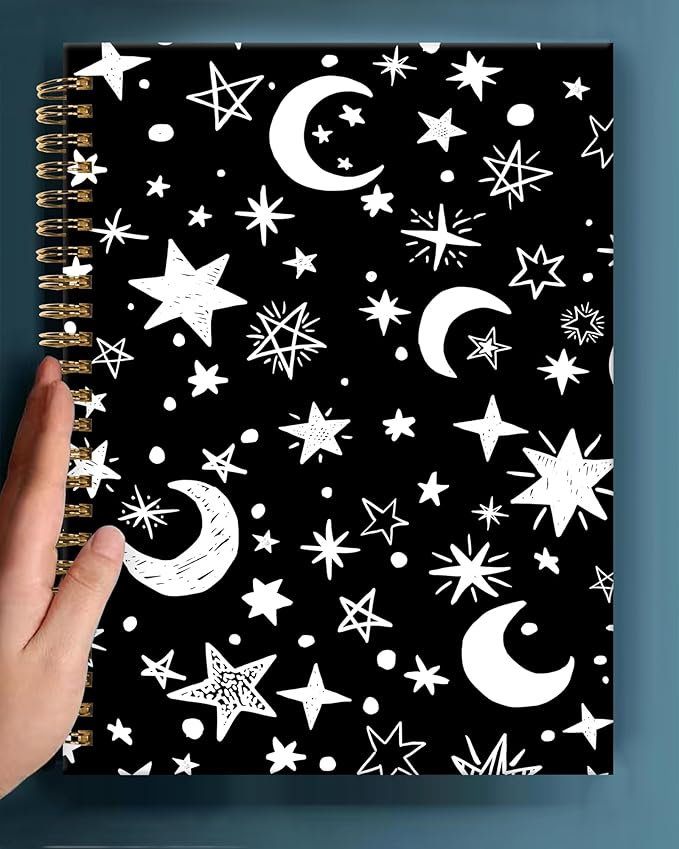Spiral Journal Notebook,A5 Hardcover Lined Journals for Women Girl 6 x 8.3 in,120 Pages Thick Paper,Cute College Ruled Writing Notebook for Gifts Office Work School(Moon Stars)