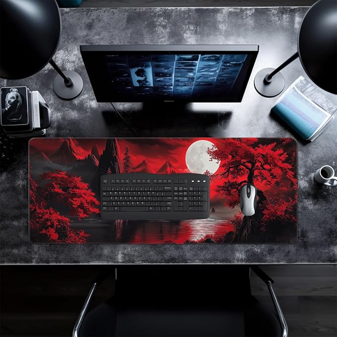 Darkness Red Moon Mouse Pad Abstract Red Mouse Pad 31.5x11.8 Inch Geometric Texture Non-Slip Rubber Base Large Mousepad Stitched Edges Keyboard Mouse Mat Desk Pad for Office and Home