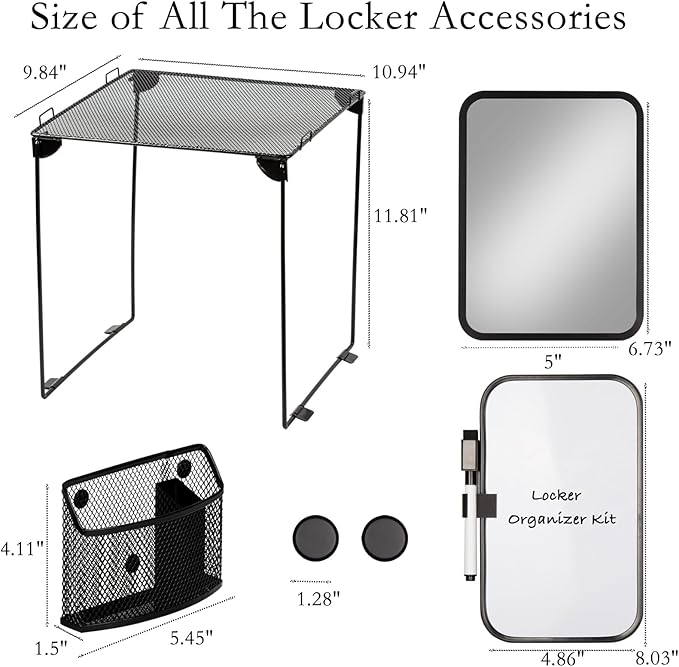 Black Locker Organizer Kit with Shelf, Shelf, Mirror, Pen Holder, Whiteboard, Back to School Essentials, 7-Piece Decoration Kit