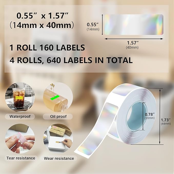 Thermal Label Tape 0.55"x1.57"(14x40mm) 4 Rolls,640Pcs,Waterproof,Oil-Proof,Strong Adhesive Thermal Labels,Compatible with D30 Portable Thermal Printer,for Home,Office,Storage,Sliver.