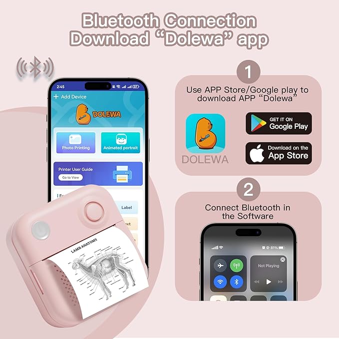 Sticker Printer Print Pods, Little Printer with 7 Rolls Thermal Printing Paper, Inkless Sticker Maker Bluetooth for DIY,Crafts,Journal,Study,Work,Compatible Phone&Tablet (Pink)