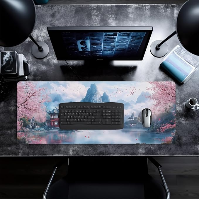 Cherry Blossom Watercolor Mouse Pad Abstract Big Mouse Pad 31.5x11.8 Inch Landscape Texture Non-Slip Rubber Base Large Mousepad Stitched Edges Keyboard Mouse Mat Desk Pad for Office and Home