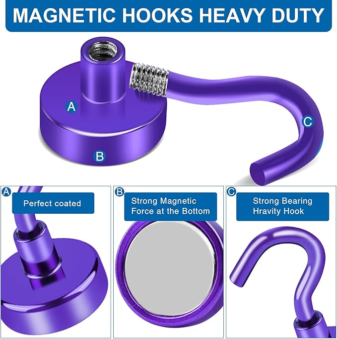LOVIMAG Cruise Ship Essentials, 150Lbs Magnetic Hooks Heavy Duty, Purple Magnetic Hook for Cabins, Strong Magnets Hook for Hanging-12 Pack