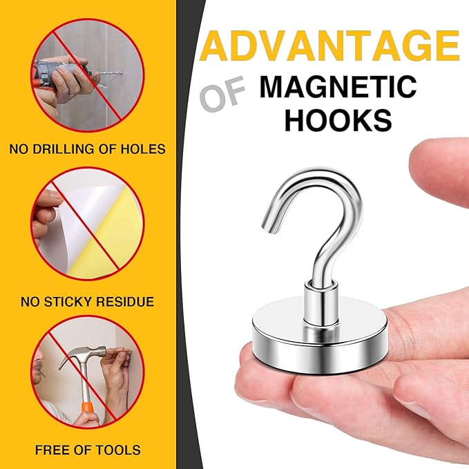 DIYMAG Outdoor Hooks for Hanging String Lights, Magnetic Hooks Strong 118lbs+ Hanging Party Light Wall Cable 2025 Cruise Cabin Ship Essentials Heavy Duty Strong Magnets for Outside Grill 10PCS