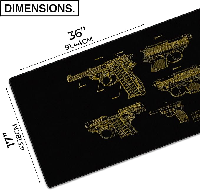 MPCO. Blueprints Large Gaming Desk Pad - 36" x 17" Aeroglyde Fabric Pistol 38 – Black/Yellow Desk Mats - Non-Slip, Washable, Smooth Glide for Precision Gaming & Work