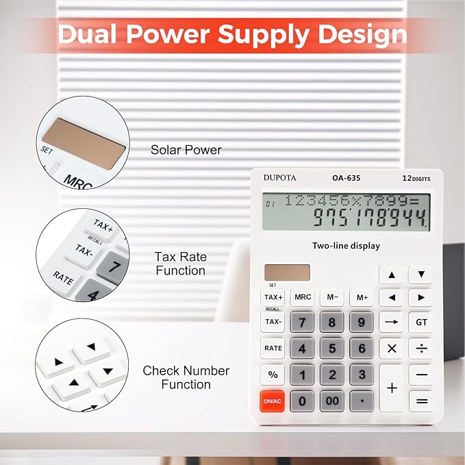 Desk Calculator Large Display Big Buttons with 12 Digits 2-line LCD, Dual Solar Power and Battery Calculators with Tax and Check Function for Office, Home, Accounting and Business Middle Size(OA-635)