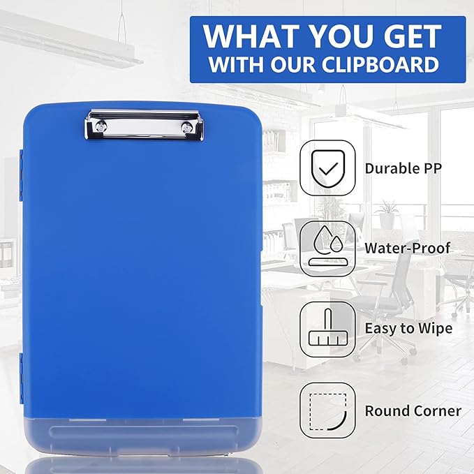 Clipboard with Storage, A4 Binder Clipboards with Pen Holder,Heavy Duty Plastic Storage Clipboards with Low Profile Clip,Nursing Clipboard Folder Side-Opening,Smooth Writing Clip Board for Office-Blue