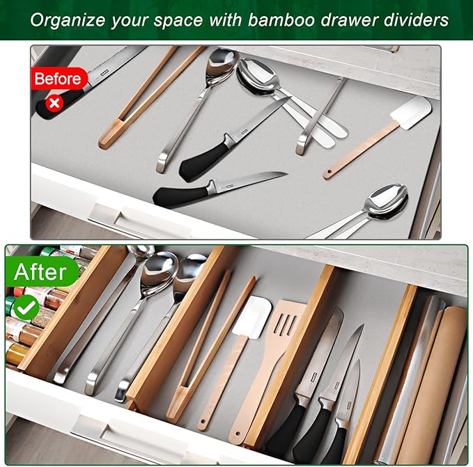 Drawer Divider for Kitchen Organization, Adjustable Bamboo Drawer Dividers Organizers (11.8-17) 4 Pack Expandable Utensil Organizers Separators for Kitchen, Bedroom & More