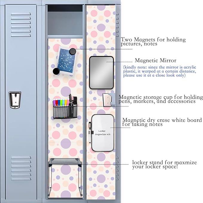Black Locker Organizer Kit with Shelf, Shelf, Mirror, Pen Holder, Whiteboard, Back to School Essentials, 7-Piece Decoration Kit