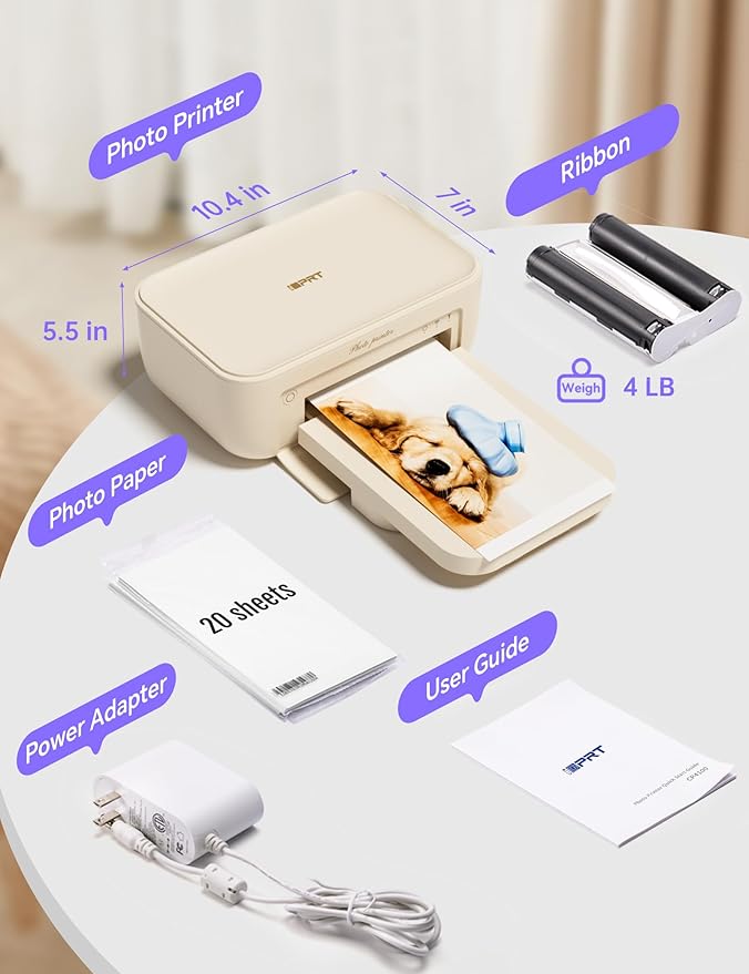 4x6 Photo Printer, CP4100 Photo Printer for iPhone & Android with 20 Sheets & 1 Cartridges, Instant Portable Photo Printers, Wi-Fi Wireless Picture Printer, Thermal Dye-Sublimation Ribbon, Beige