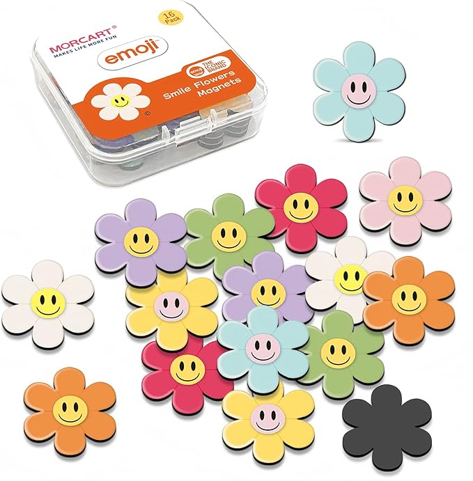 MORCART Fridge Magnets Cute Emoji Refrigerator Magnets Colorful Smiley Flower Magnets for Locker Whiteboard Decorative Magnets for Classroom Kitchen Office Gifts for Teachers Family and Friends 16PCS