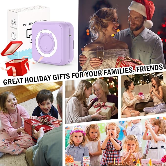 Mini Photo Printer - Portable Pocket Sticker Printers for iPhone Thermal Printer with 10 Rolls Thermal Paper for Photo, Memo, Journal - Purple
