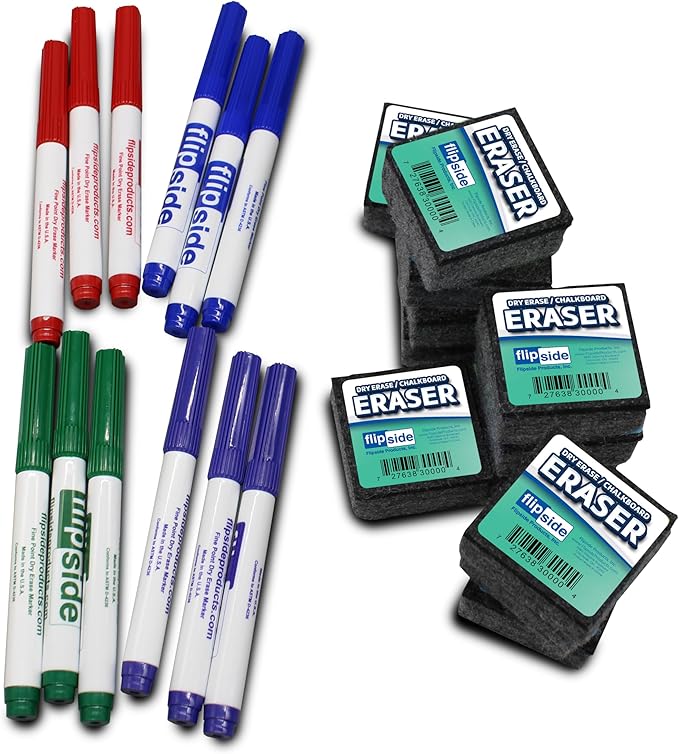 Flipside Products Oval Dry Erase Answer Paddles w/Assorted Color Dry Erase Marker and Erasers, Auction, Handheld Whiteboard, Handle Response Board, 36 Pieces, Set of 12