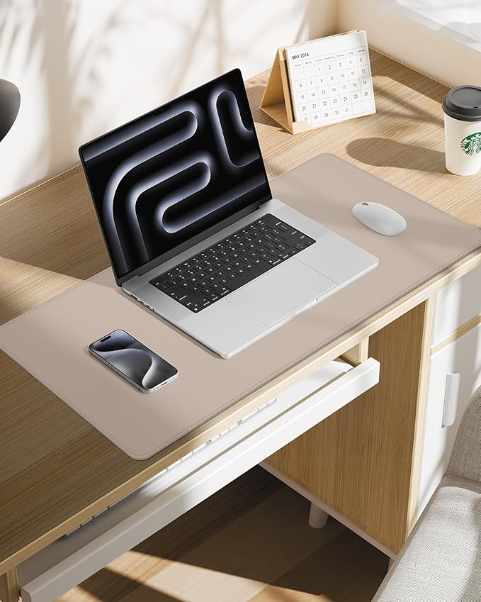 Large Desk Mouse Pad Protector, Stitched Locking Edge Non-Slip PU Leather Desk Mat Laptop Table Pad Blotter, Waterproof Durable Writing Pad for Office and Home (Beige, 90 x 43cm)