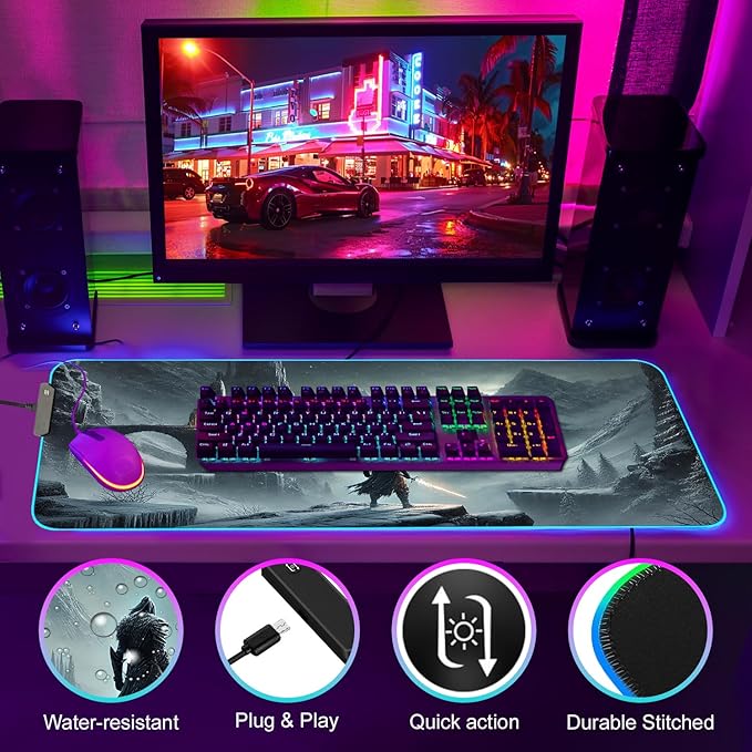 Gaming Mouse Pad - Desk Mat Gaming Mouse Pad , Medium Extra Large Extended Big Long Huge XL XXL and XXXL RGB LED Light Mousepad For a Computer , PC Mats Mousepads Frostblade Warrior