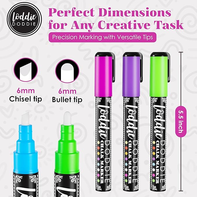 Loddie Doddie Chalk Markers - 24-Pack, 6mm Reversible Bullet & Chisel Tip - Dust-Free, Erasable Liquid Chalk Markers - Versatile for Windows, Glass & Chalkboard Surfaces