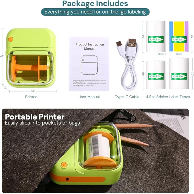 Portable Bluetooth Thermal Label Maker with 4 Rolls Sticker Tape – Mini Inkless Sticker Printer with See-Through Label Window, High-Resolution Print, Wireless, for Home, Office, On-The-go