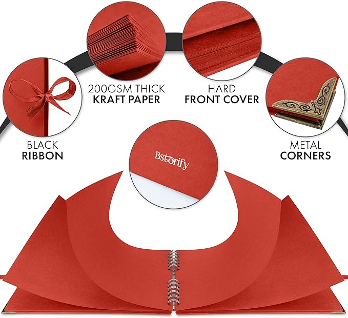 Bstorify Square Scrapbook Photo Albums 50 Pages (11 x 8.5 Inch) Red Thick Paper, Hardcover, Ribbon Closure - Ideal for Your Scrapbooking Albums, Art & Craft Projects (Red, 11 x 8.5 Inch)