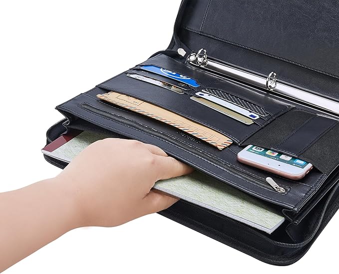 IVESIGN Zippered Padfolio Binder, Faux Leather Organizer with 3-Ring Binder, Left-Handed Design, Business Card Slots & Document Folders - Professional Padfolio for Office (Black)