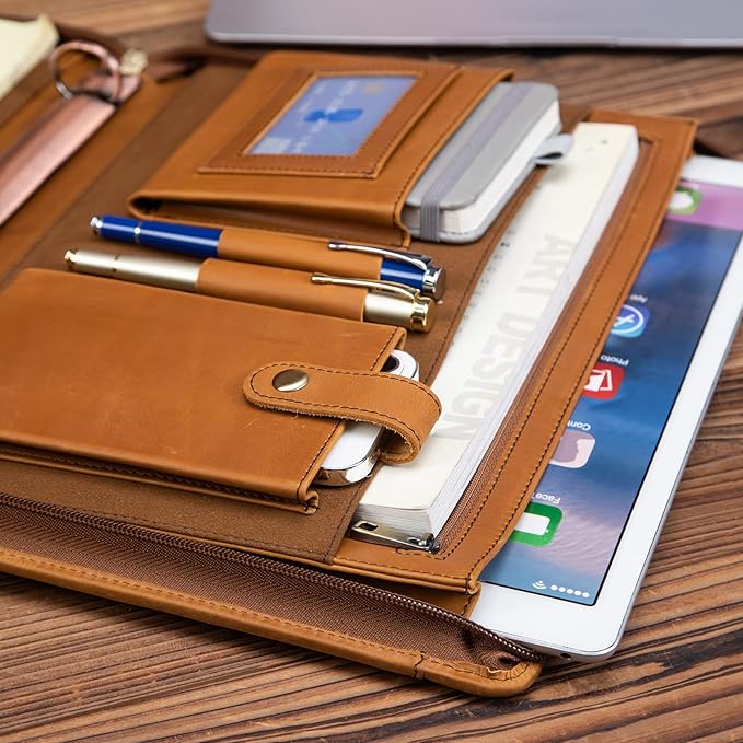 Professional Leather Business Padfolio Portfolio Case, 3 Ring Binder,Zippered Business Document Organizer Folder Tablet Pad Folio,with Letter Size Notepad (Brown Standard)