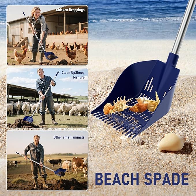 Chicken Poop Scooper & Rake 2-in-1 Chicken Coop Scoop 3-Shape Sifting Holes Chicken Coop Rake 39 to 68" Adjustable Stainless Steel Handle Litter Shovel for Chicken Coops & Small Farm Animals