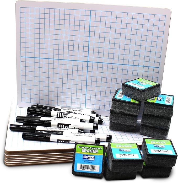 Flipside Products Dry Erase XY Axis Graph, Two Sided, Black Markers and Erasers, Graphing, Graph Lapboard for Kids and Students, Pack of 12