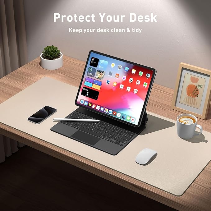 Aothia Large PU Leather Desk Pad Protector – Non-Slip Mouse Pad & Writing Mat for Office/Home, Waterproof, Easy to Clean(48" x 17", Eggshell)