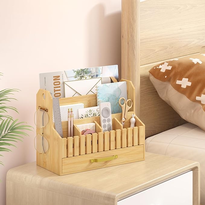 Bamboo Mail Organizer Countertop with Drawers, Wood Desk File Organizer Desktop Paper Organization Storage Bill & Letter Sorter Holder for School Home Office Supplies, No Assembly Required (Nature)