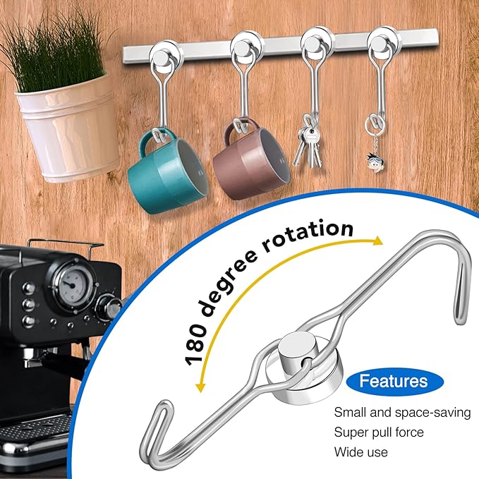 LOVIMAG Hooks, 30lbs+ Magnetic Magnet Hook 2025 Cruise Cabin Ship Essentials Heavy Duty Strong Refrigerator Fridge Hanging for Classroom Beach Vacation Kitchen Grills Home Mug Hanger (6 Pack), Silver