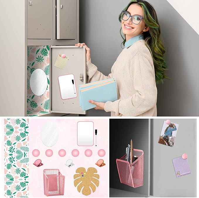 Harloon 15 Pcs Locker Decoration and Organizer Kit Locker Wallpaper Magnetic Pen Holder and Mirror Whiteboard Marker Cork Board with 3 Push Pins 3 Magnetic Clip 6 Magnets(Palm Leaf)