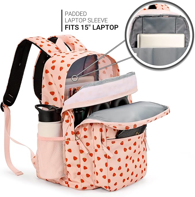 ZORFIN 26L Backpack for School, College, and Travel: Water Resistant Bookbag with 8 Compartments - Heart-shaped Strawberry pink