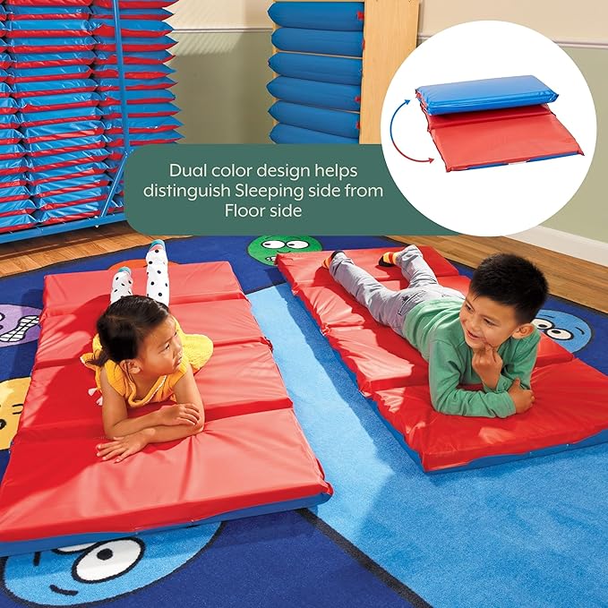 Children’s Factory 1 Inch Thick Rest Mats for Preschool, 4-Section Nap Mats for Daycare, Nursery, Classroom, Red-Blue, 10 Pack