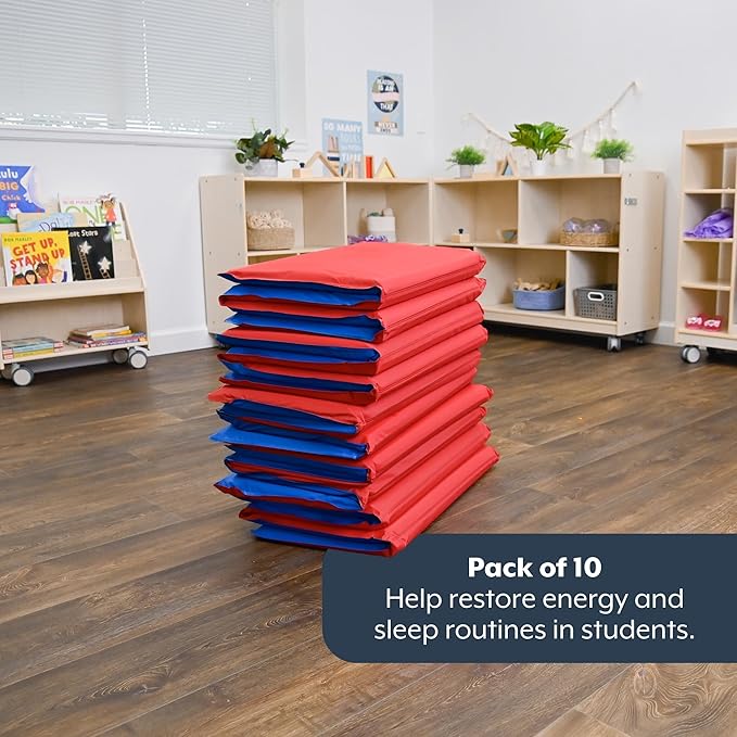 Children’s Factory 1 Inch Thick Rest Mats for Preschool, 4-Section Nap Mats for Daycare, Nursery, Classroom, Red-Blue, 10 Pack